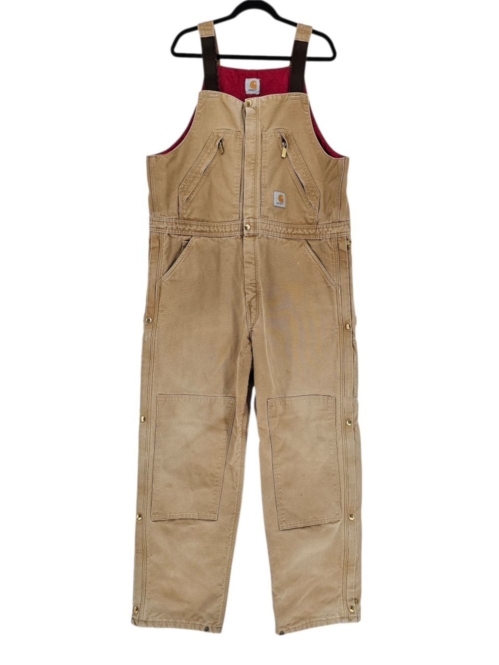 Carhartt Insulated Duck Canvas Bib Overalls Brown Red Quilted Lined Workwear